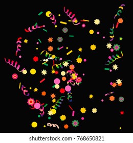 Bright colorful Confetti and serpentine, bright colorful background, cute and fun decoration.Vector illustration for celebration, party, holiday. Black background.Design for cards, invitations