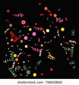 Bright colorful Confetti and serpentine, bright colorful background, cute and fun decoration.Vector illustration for celebration, party, holiday. Black background.Design for cards, invitations