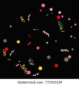 Bright colorful Confetti and serpentine, bright colorful background, cute and fun decoration.Vector illustration for celebration, festive, holiday. Black background.Design for cards, invitations
