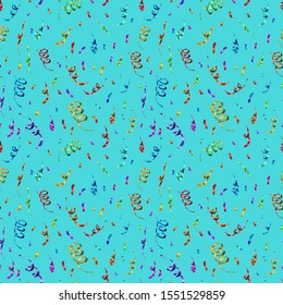 A lot of bright colorful confetti and serpentine on blue background, anniversary party seamless pattern