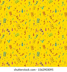 A lot of bright colorful confetti and serpentine on yellow background, anniversary party seamless pattern