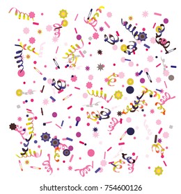 Bright colorful Confetti and serpentine set, bright colorful background, cute and fun decoration. Vector illustration for celebration, party, festive, holiday. Design for cards, invitations