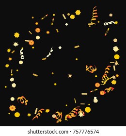 Bright colorful Confetti and serpentine set, bright colorful background, cute and fun decoration. Vector illustration for celebration, party, festive, holiday. Black background. Design for cards