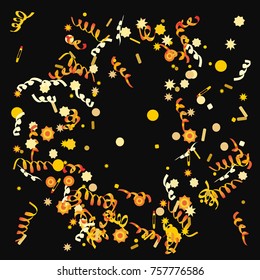 Bright colorful Confetti and serpentine set, bright colorful background, cute and fun decoration. Vector illustration for celebration, party, festive, holiday. Black background. Design for cards