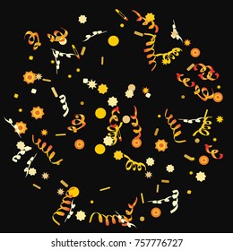 Bright colorful Confetti and serpentine set, bright colorful background, cute and fun decoration. Vector illustration for celebration, party, festive, holiday. Black background. Design for cards