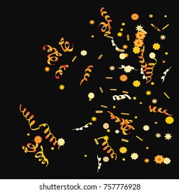 Bright colorful Confetti and serpentine set, bright colorful background, cute and fun decoration. Vector illustration for celebration, party, festive, holiday. Black background. Design for cards
