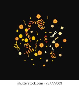 Bright colorful Confetti and serpentine set, bright colorful background, cute and fun decoration. Vector illustration for celebration, party, festive, holiday. Black background. Design for cards