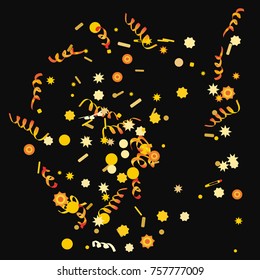 Bright colorful Confetti and serpentine set, bright colorful background, cute and fun decoration. Vector illustration for celebration, party, festive, holiday. Black background. Design for cards
