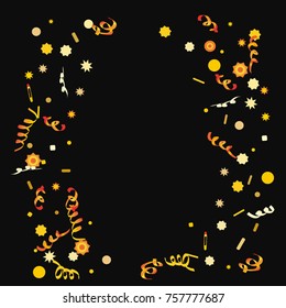 Bright colorful Confetti and serpentine set, bright colorful background, cute and fun decoration. Vector illustration for celebration, party, festive, holiday. Black background. Design for cards