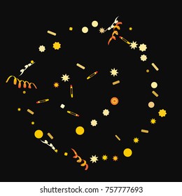 Bright colorful Confetti and serpentine set, bright colorful background, cute and fun decoration. Vector illustration for celebration, party, festive, holiday. Black background. Design for cards