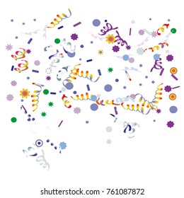Bright colorful Confetti and serpentine set, bright colorful background, cute and fun decoration. Vector illustration for celebration, party, festive, holiday. Design for cards, invitations