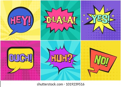 Bright colorful contrast retro comic speech bubbles set with YES, NO, OUCH, HUH, HEY on striped background. Message balloons with halftone shadow in pop art style for advertisement, comics book design