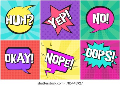 Bright colorful contrast retro comic speech bubbles set with YEP, NOPE, OKAY, HUH, OOPS words. Message balloons with halftone shadow in pop art style for advertisement, comics book design