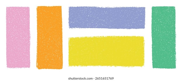 Bright colorful crayon drawn rectangles and squares with pastel grain texture. Abstract geometric shapes for design layout, transparent background, doodle text boxes speech bubbles vector sketch style
