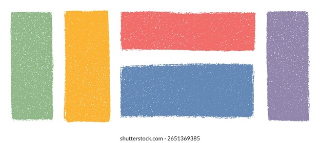 Bright colorful crayon rectangles and squares with grunge texture. Hand drawn shapes, vector abstract blocks, doodle speech bubbles, sketchy frames for text design, pastel chalk marker elements