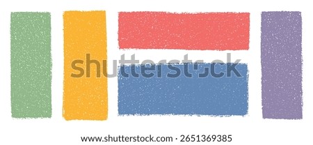 Bright colorful crayon rectangles and squares with grunge texture. Hand drawn shapes, vector abstract blocks, doodle speech bubbles, sketchy frames for text design, pastel chalk marker elements