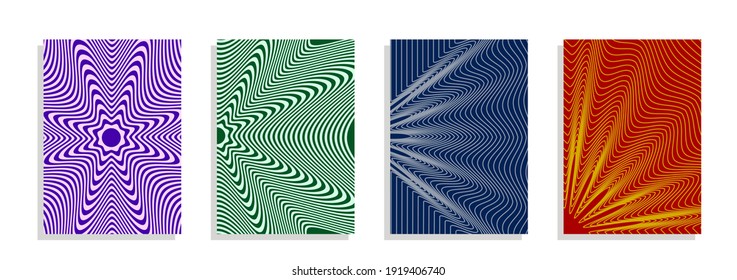 Bright colorful creative covers, templates, posters, placards, brochures, banners, flyers and etc. Optical illusion wavy strips and lines backgrounds. Sunbeam concept.