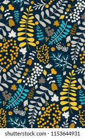 Bright colorful creative seamless pattern with yellow, white and blue leaves, branches, berries on dark blue background. Hand vector illustration. Perfect for magazine covers design, fabric creation.