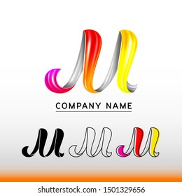 Bright colorful curvy 3d volumetric letter M, shiny bold font for your company name, vector illustration