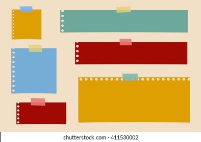 Bright colorful cut out blank notebook paper are stuck on brown background