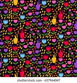 Bright colorful cute flowers seamless vector pattern decorative festive