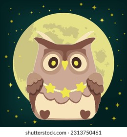 Bright and colorful cute sleepy owl with star necklace. Full moon and night bird illustration, cartoon styled simple desigh. Mysterious nighttime vector art, textile design, postcard design