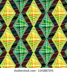 bright colorful and decorated repeating pattern of diamonds and rhombuses over vivid diagonal stripes textured background for textile, fabric, backdrops and fashionable surface designs. 