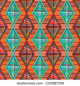 bright colorful and decorated repeating pattern of diamonds and rhombuses over vivid diagonal stripes textured background for textile, fabric, backdrops and fashionable surface designs. 
