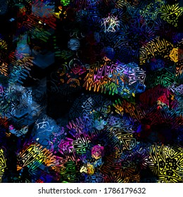 Bright colorful decorative elements on black backdrop. Seamless texture. Abstract vector background for web page, banners backdrop, fabric, home decor, wrapping