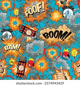 Bright and colorful design features comic-style explosions with words like boom bam and poof. The background showcases various explosive elements and visual noise.