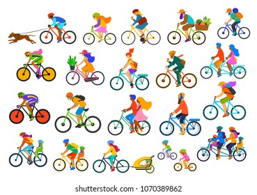 bright colorful different active people riding bikes collection, man woman couples family friends children cycle to office work, travel, bicyle trailer sport, mountain biking, city drive, leisure set