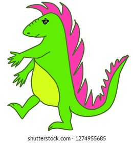 Bright colorful dinosaur yellow, green, purple colors. Friendly dino design for kids room, t shirts, prints, posters, toys, decor. Mythology animal, cute cartoon character. Going pet, walking dinosaur