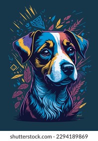 Cabeza de perro de color brillante con un fresco y aislado fondo de estilo pop art. ilustración vectorial