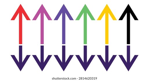 Bright colorful up and down arrows arranged in a row, illustrating opposing directions, contrast, symmetry and choice; useful for visuals about direction, decision making, growth, decline and comparison.