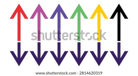 Bright colorful up and down arrows arranged in a row, illustrating opposing directions, contrast, symmetry and choice; useful for visuals about direction, decision making, growth, decline and comparison.