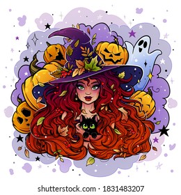bright   colorful drawing witch girl in witch hat and cat in her hands  autumn leaves   pumpkins white background
