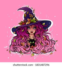 bright and colorful drawing of a witch girl in a witch hat with a cat in her hands, on a white background