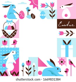 Bright Colorful Easter Background with Main Symbols in Cartoon Geometric Style. Vector Illustration
