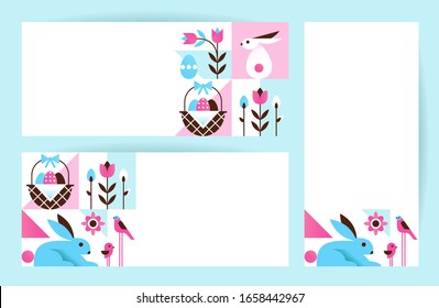 Coloridas plantillas de fondo de Pascua con los principales símbolos en estilo geométrico de dibujos animados.  Ilustración vectorial