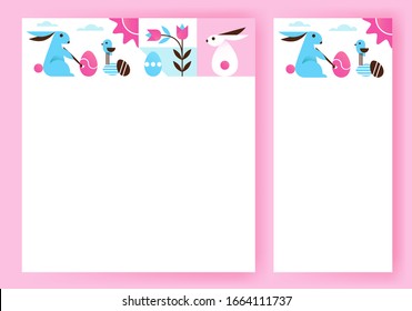 Bright Colorful Easter Background Templates with Main Symbols in Cartoon Geometric Style. Vector Illustration