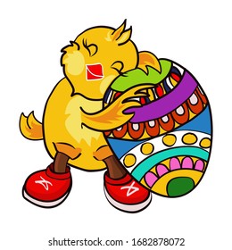 bright colorful easter chick character hugs a colour full easter egg , Multi-colour easter egg