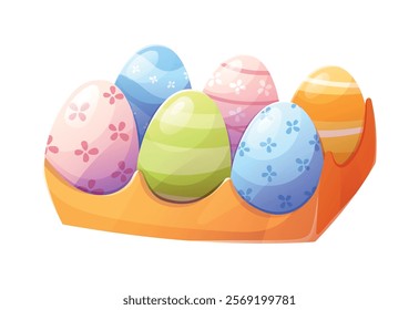 Bright colorful Easter eggs in a decorative holder, vector cartoon isolated illustration, featuring floral and striped patterns. Perfect for holiday designs, digital projects, and festive decorations