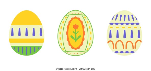 Bright and colorful Easter eggs with folk-inspired decorative patterns. Flat vector design perfect for spring holidays, Easter cards, crafts, and festive projects