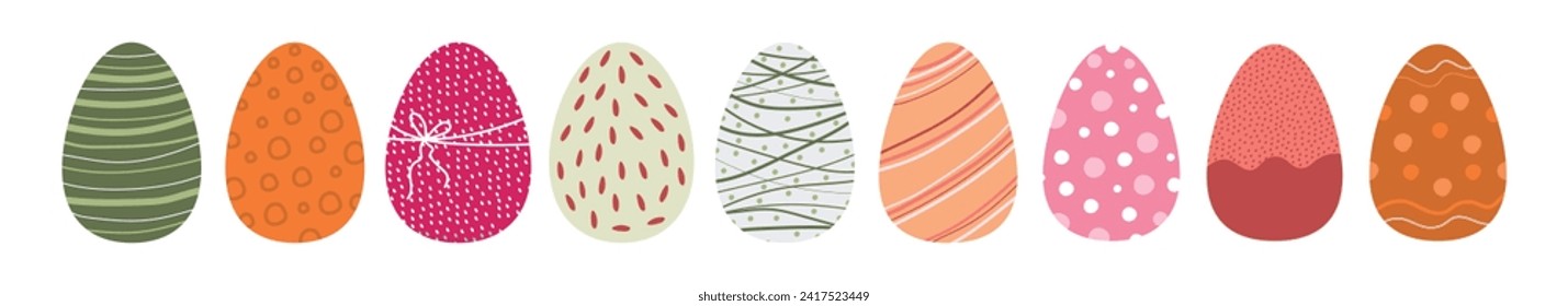 Huevos vivos y coloridos de Pascua pintados de forma creativa. Huevos de Pascua dibujados a mano.Vector.