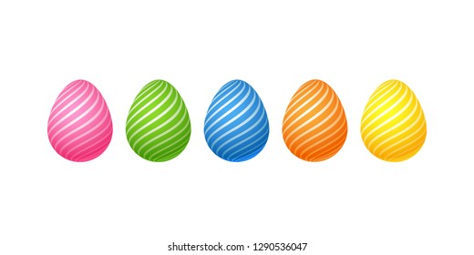 Bright colorful easter eggs Set of pink blue green orange yellow eggs with a spiral line pattern Isolated on white background Egg element design cards for Easter sales Vector spring Easter Eggs