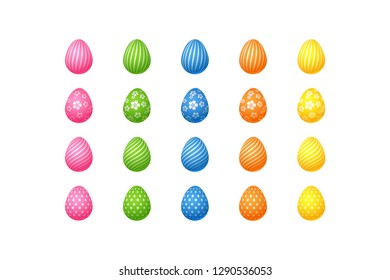 Bright colorful easter eggs Set of pink blue green orange yellow eggs with spiral lines specks flowers pattern Isolated on white background Egg design element for Easter card sale Vector Easter Eggs
