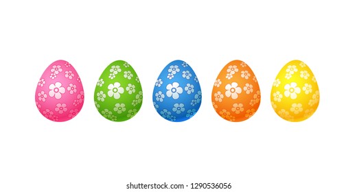Bright colorful easter eggs Set of pink blue green orange yellow eggs with flowers floral pattern Isolated on white background Egg design element for Easter cards sales Vector cute spring Easter Eggs