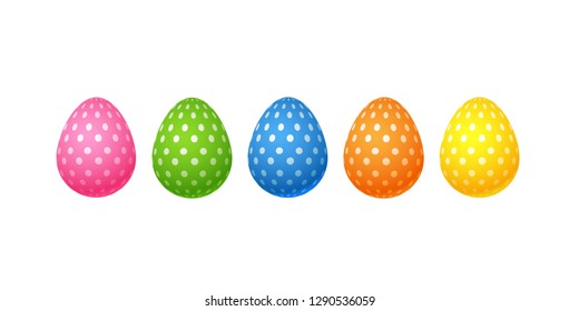 Bright colorful easter eggs Set of pink blue green orange yellow eggs with specks dots pattern Isolated on white background Eggs element design cards for Easter sales Vector Cute spring Easter Eggs