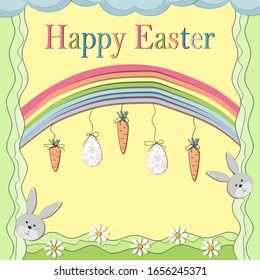 bright colorful Easter greeting card with the image of clouds, rainbows, eggs, carrots and hares, there is a frame and text, the background is yellow