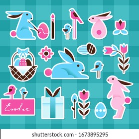 Bright Colorful Easter Icons, Stickers. Main Symbols in Cartoon Geometric Style. Vector Illustration